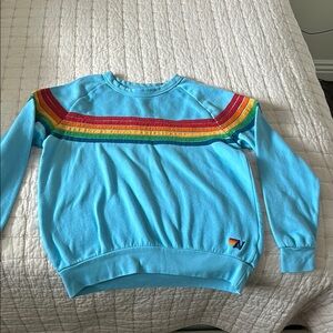 Aviator Nation- Blue Sweater with Rainbow Stripes